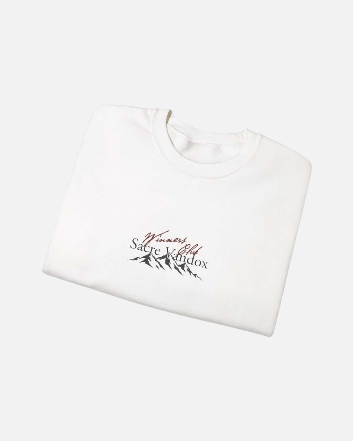 White Vandox Apres Ski crewneck sweatshirt front folded view with Winners Club Sacre Vandox mountain range chest graphic. Starboy old money hoodie sweatshirt clothes vandox sacrevandox vandox clothes vandox clothing crewneck autumn clothes no hood fall clothes 
