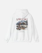 White eggshell white offwhite Vandox Apres Ski hoodie back view with Après Ski Vandox alpine scene featuring Porsche 911 Saint Bernard and mountain chalet graphic. Starboy old money hoodie sweatshirt clothes vandox sacrevandox vandox clothes vandox clothing