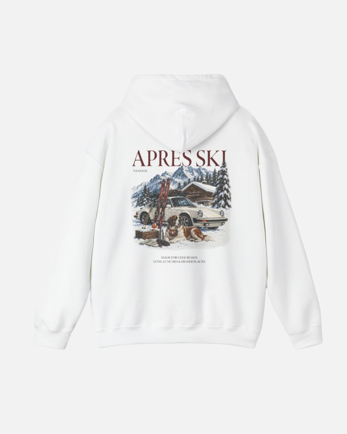 White eggshell white offwhite Vandox Apres Ski hoodie back view with Après Ski Vandox alpine scene featuring Porsche 911 Saint Bernard and mountain chalet graphic. Starboy old money hoodie sweatshirt clothes vandox sacrevandox vandox clothes vandox clothing
