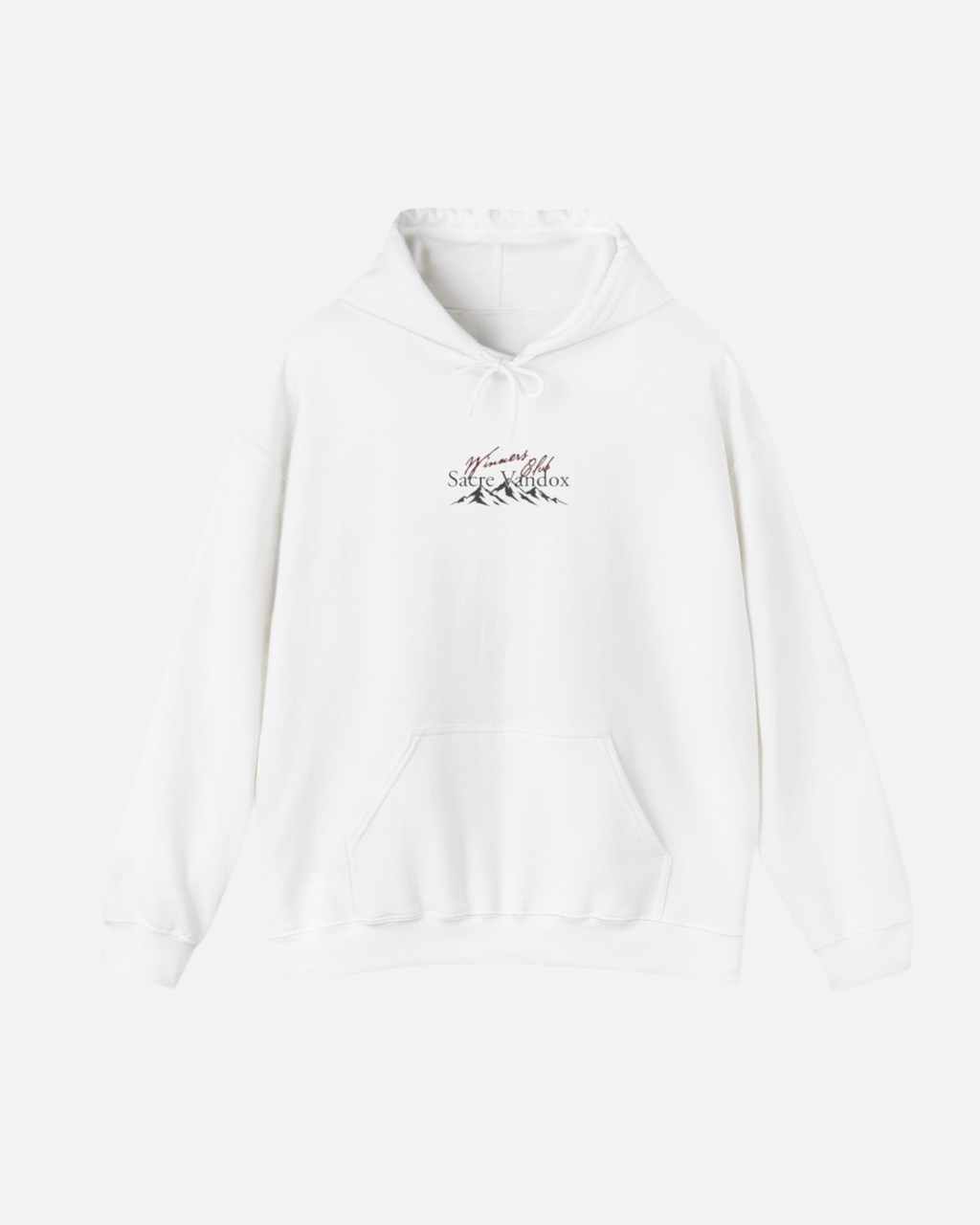 White eggshell white offwhite Vandox Apres Ski hoodie front view with Winners Club Sacre Vandox mountain range chest graphic. Starboy old money hoodie sweatshirt clothes vandox sacrevandox vandox clothes vandox clothing