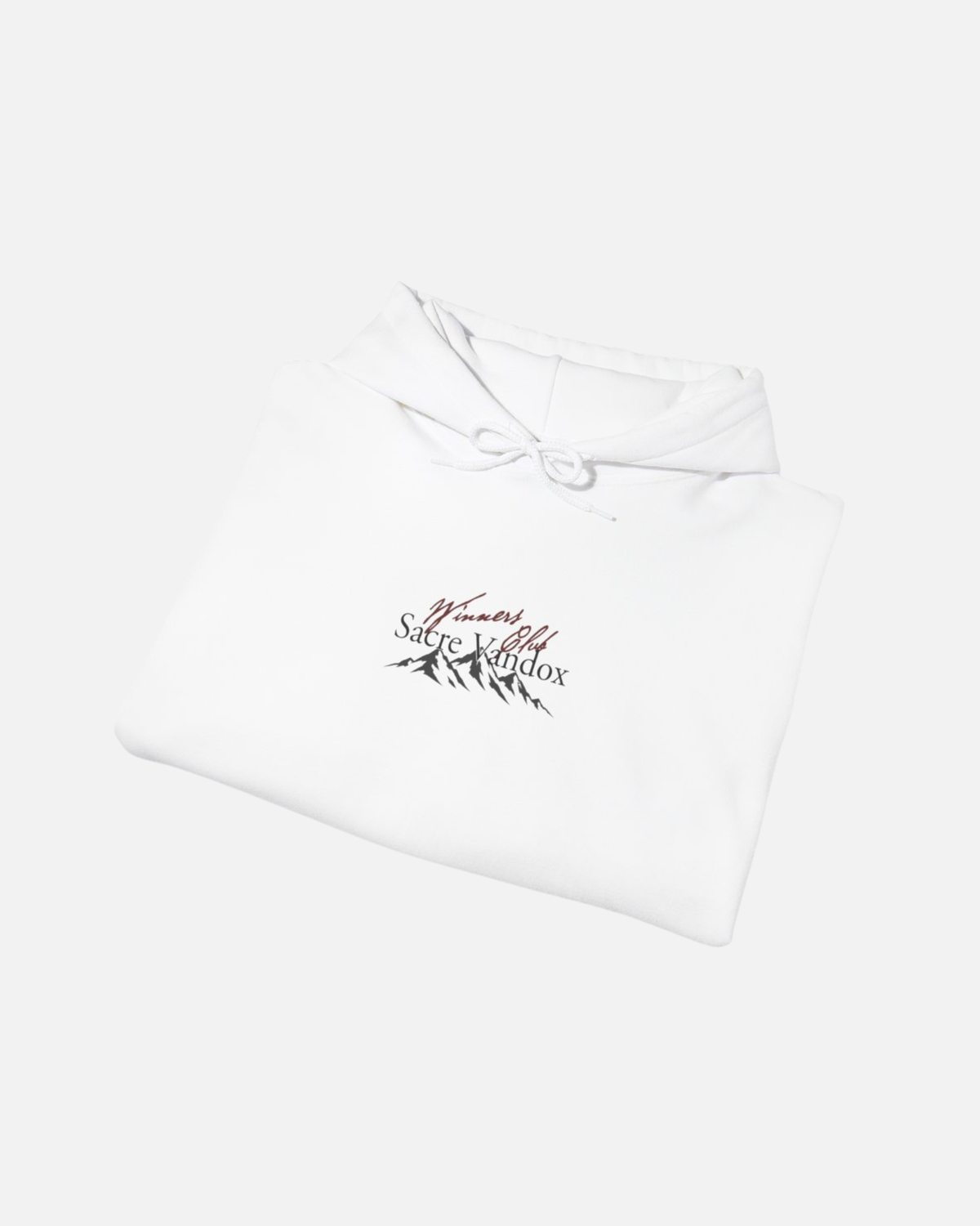 foldeed view of White eggshell white offwhite Vandox Apres Ski hoodie front view with Winners Club Sacre Vandox mountain range chest graphic. Starboy old money hoodie sweatshirt clothes vandox sacrevandox vandox clothes vandox clothing