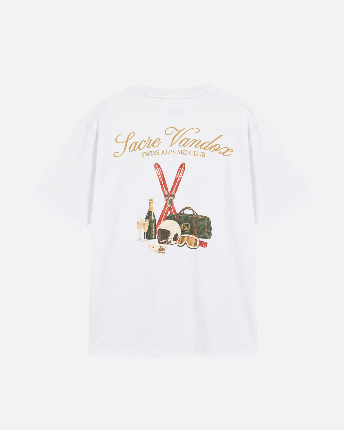 White eggshell white offwhite Vandox Chalet Edit t-shirt back view with illustrated ski essentials including red skis helmet goggles Vandox duffle champagne and playing cards. Starboy old money shirt tshirt clothes vandox sacrevandox vandox clothes vandox clothing