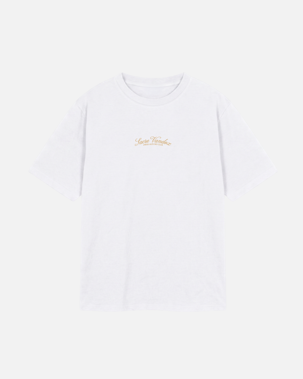 White eggshell white offwhite Vandox Chalet Edit t-shirt with gold Sacre Vandox Swiss Alps Ski Club script chest graphic. Starboy old money shirt tshirt clothes vandox sacrevandox vandox clothes vandox clothing