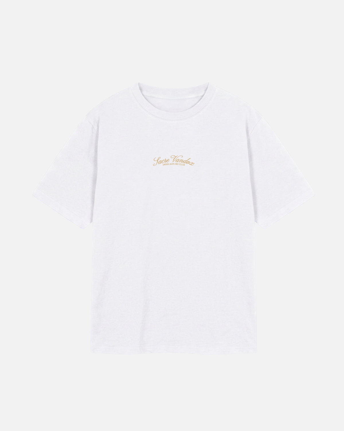 White eggshell white offwhite Vandox Chalet Edit t-shirt with gold Sacre Vandox Swiss Alps Ski Club script chest graphic. Starboy old money shirt tshirt clothes vandox sacrevandox vandox clothes vandox clothing