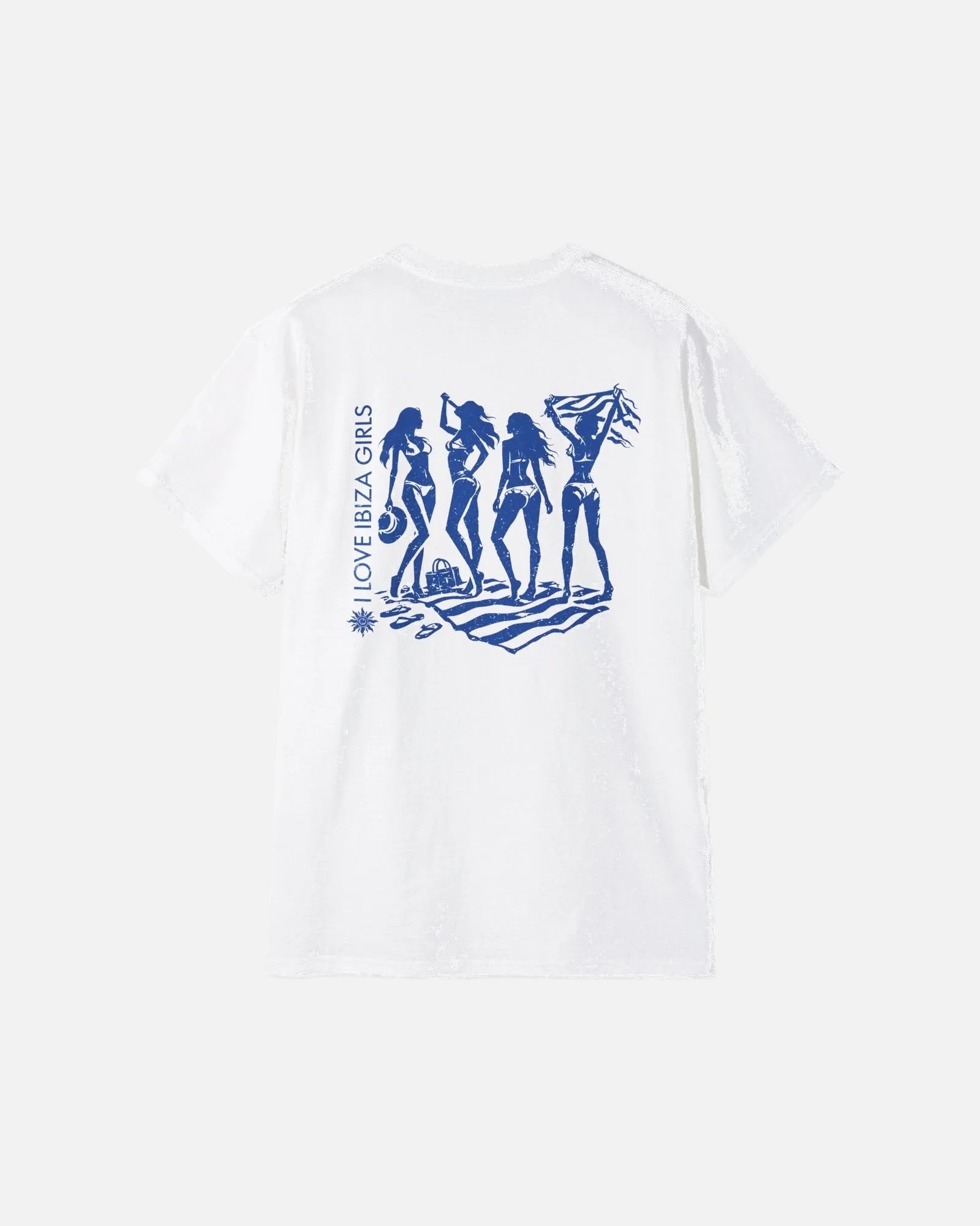 White Vandox I Love Ibiza Girls Tee back view - white premium cotton t-shirt featuring blue Ibiza beach silhouette graphic with I Love Ibiza Girls lettering by Sacre Vandox, Postcards collection. Starboy old money shirt tshirt clothes vandox sacrevandox vandox clothes vandox clothing