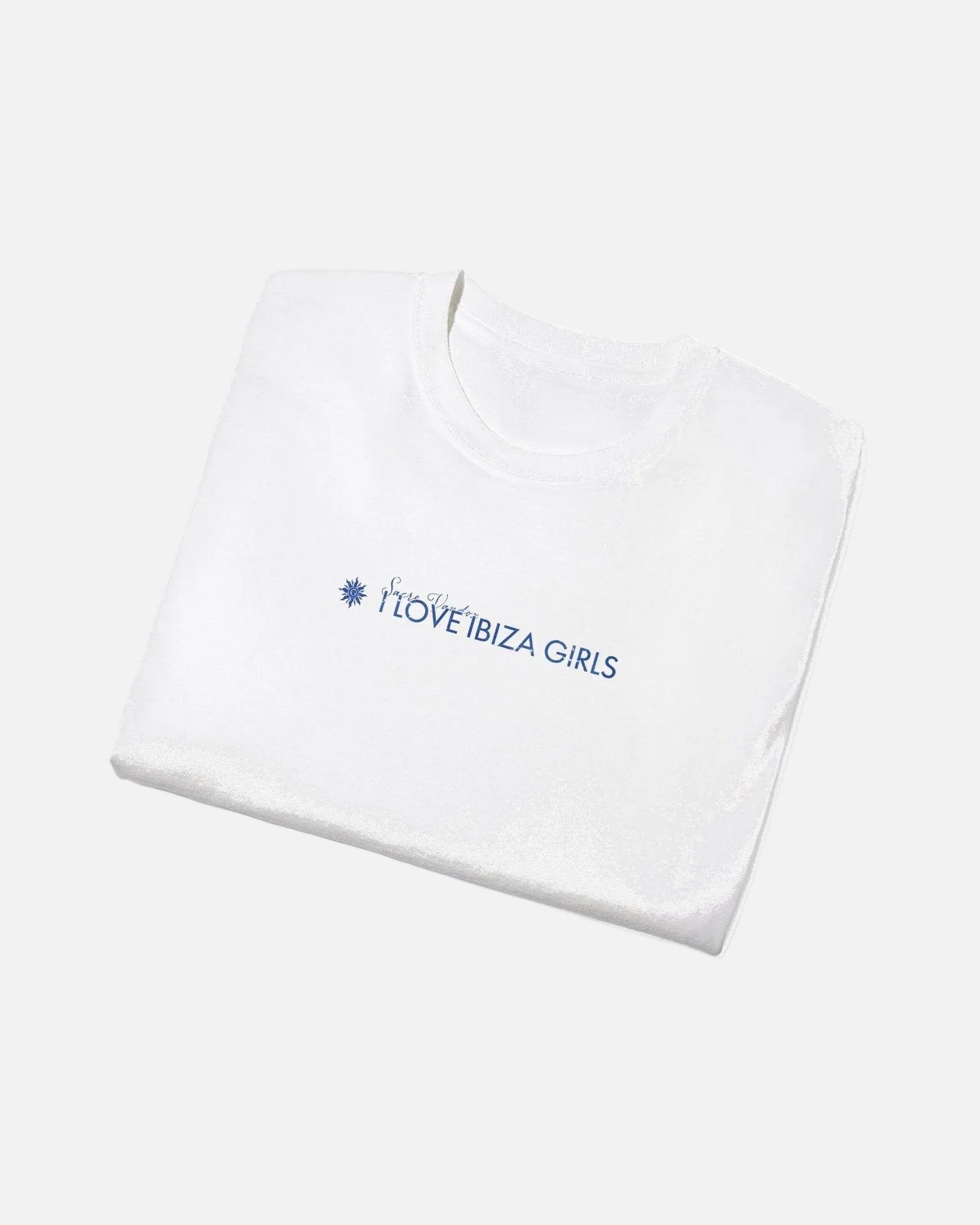 White Vandox I Love Ibiza Girls Tee folded view – white premium cotton t-shirt with I Love Ibiza Girls Sacre Vandox chest print, Postcards collection. Starboy old money shirt tshirt clothes vandox sacrevandox vandox clothes vandox clothing