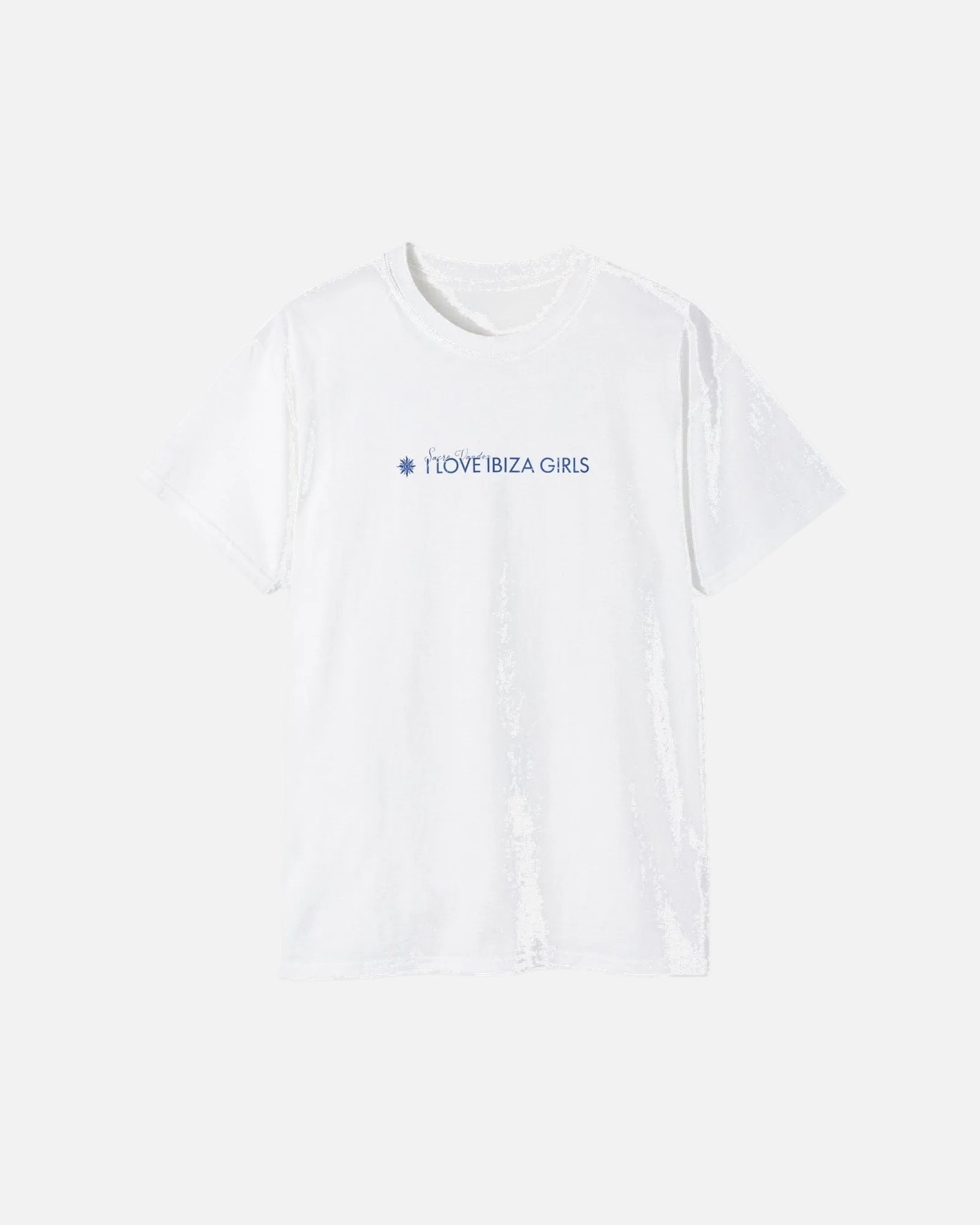 White Vandox I Love Ibiza Girls Tee front view – white premium cotton t-shirt with I Love Ibiza Girls Sacre Vandox chest print, Postcards collection. Starboy old money shirt tshirt clothes vandox sacrevandox vandox clothes vandox clothing