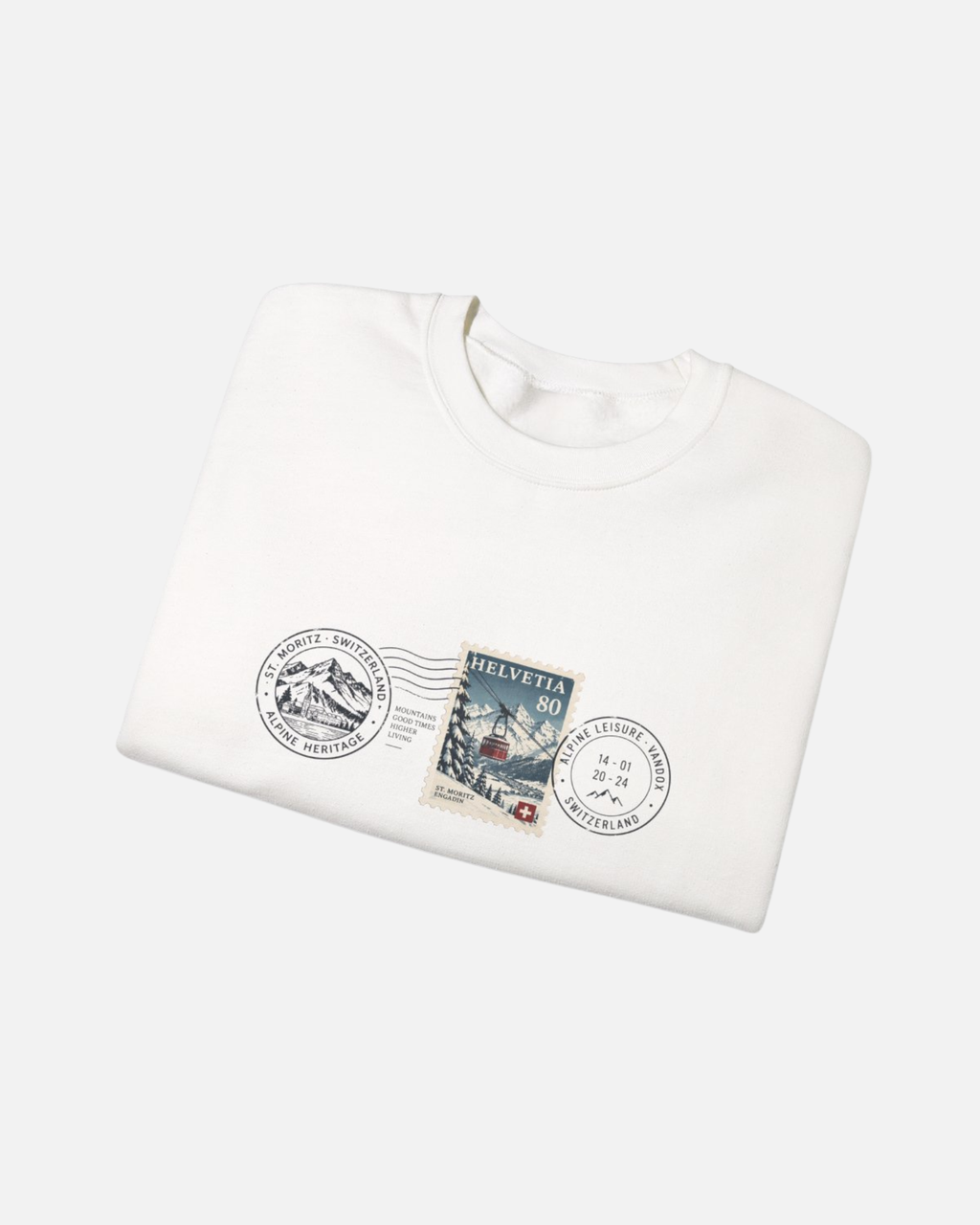 Folded view of White offwhite eggshell white crewneck sweatshirt with vintage Helvetia 80 postal stamp St. Moritz Engadin scene and Alpine Heritage Alpine Leisure Vandox postmark chest graphic. Starboy old money hoodie sweatshirt clothes vandox sacrevandox vandox clothes vandox clothing crewneck autumn clothes no hood fall clothes 