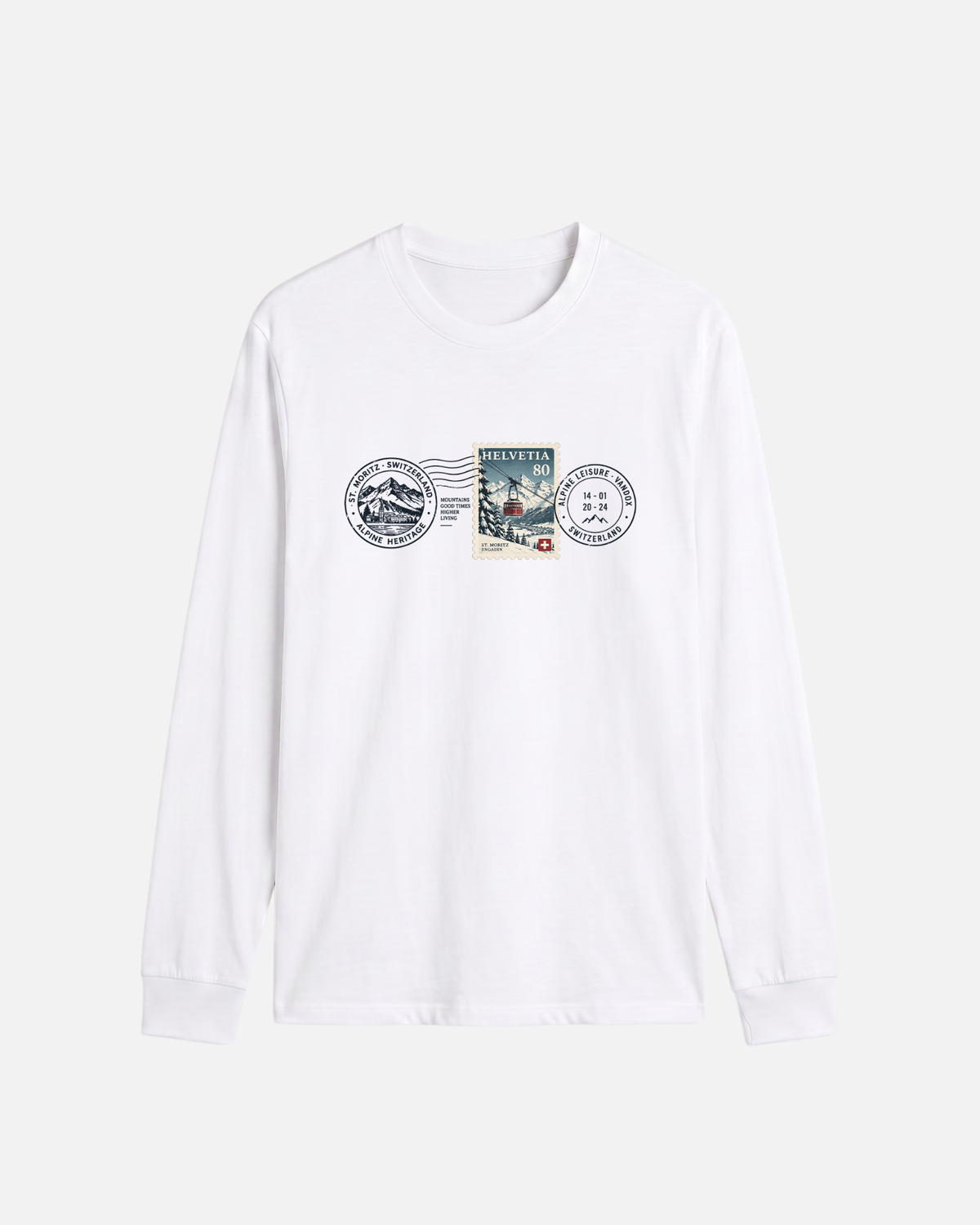 White offwhite eggshell white Vandox Post Stamp long sleeve t-shirt with vintage Helvetia 80 postal stamp St. Moritz Engadin scene and Alpine Heritage Alpine Leisure Vandox postmark chest graphic. Starboy old money shirt tshirt longsleeve crewneck clothes vandox sacrevandox vandox clothes vandox clothing