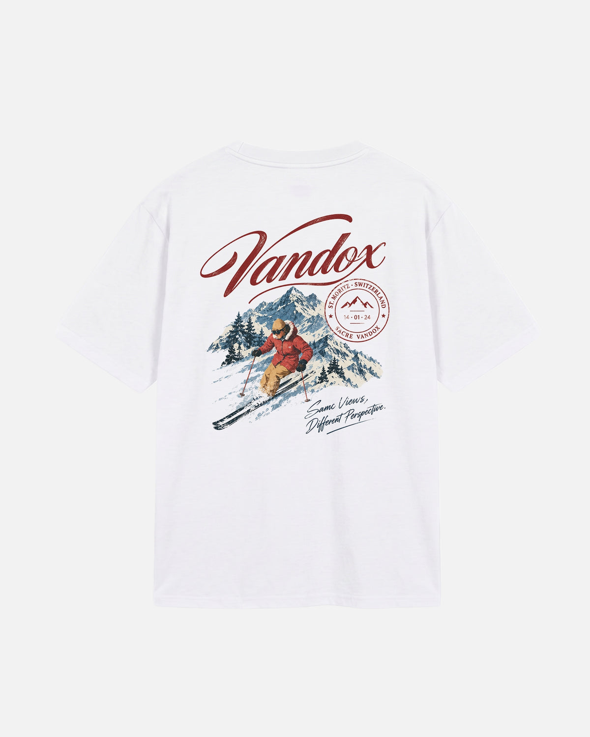 Eggshell White Vandox Powder Day t-shirt back view with Vandox script alpine ski scene St. Moritz Switzerland stamp and Same Views Different Perspective graphic. Starboy old money shirt tshirt clothes vandox sacrevandox vandox clothes vandox clothing