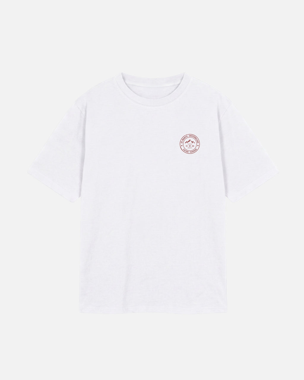 Eggshell White Vandox Powder Day t-shirt front view with red St. Moritz Switzerland circular stamp and Sacre Vandox chest graphic. Starboy old money shirt tshirt clothes vandox sacrevandox vandox clothes vandox clothing