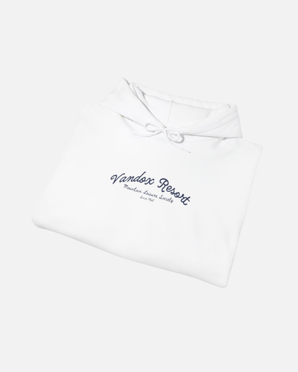 folded view of White offwhite eggshell white Vandox Resort hoodie with Vandox Resort Mountain Leisure Society script chest graphic. Starboy old money hoodie sweatshirt clothes vandox sacrevandox vandox clothes vandox clothing