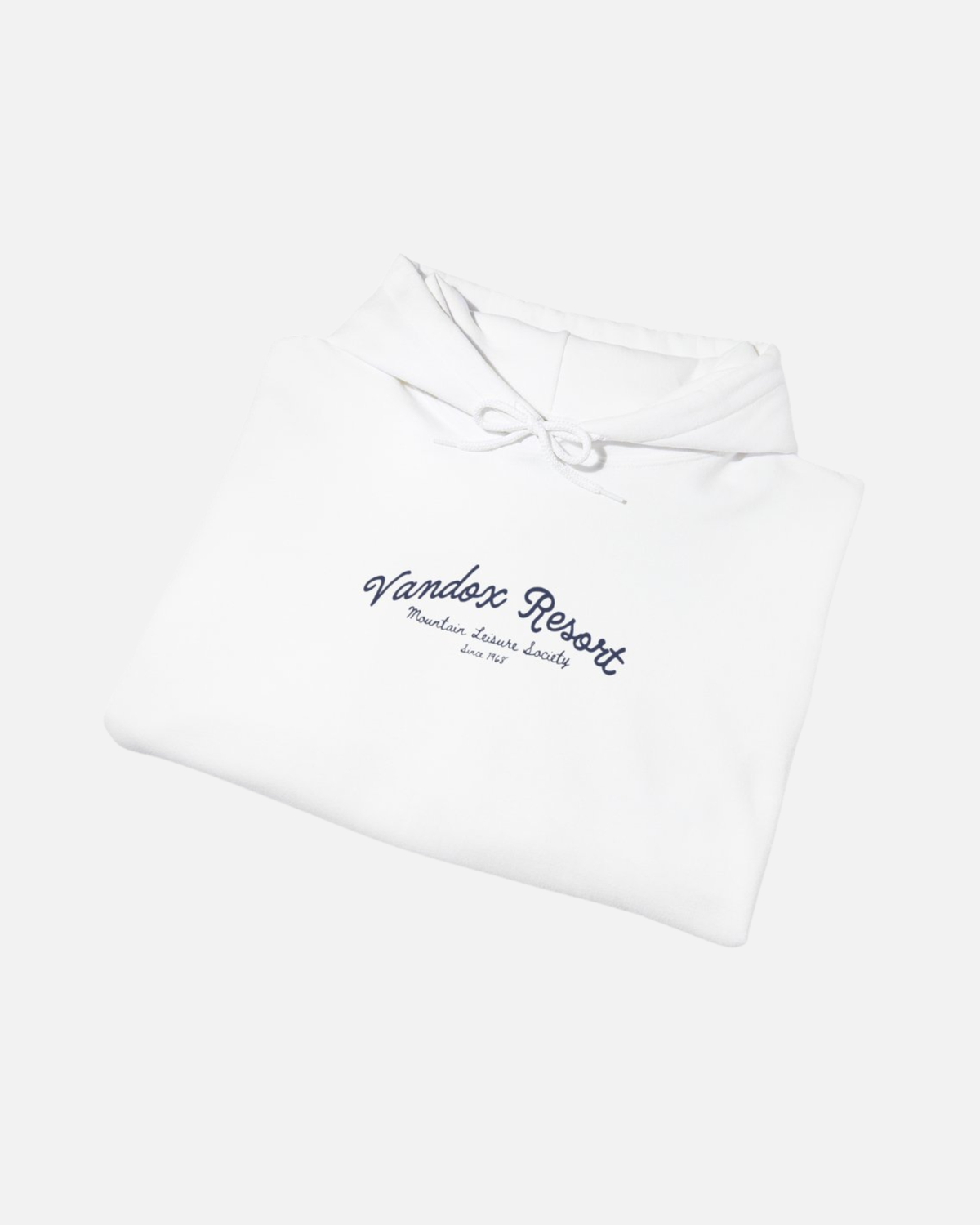 folded view of White offwhite eggshell white Vandox Resort hoodie with Vandox Resort Mountain Leisure Society script chest graphic. Starboy old money hoodie sweatshirt clothes vandox sacrevandox vandox clothes vandox clothing
