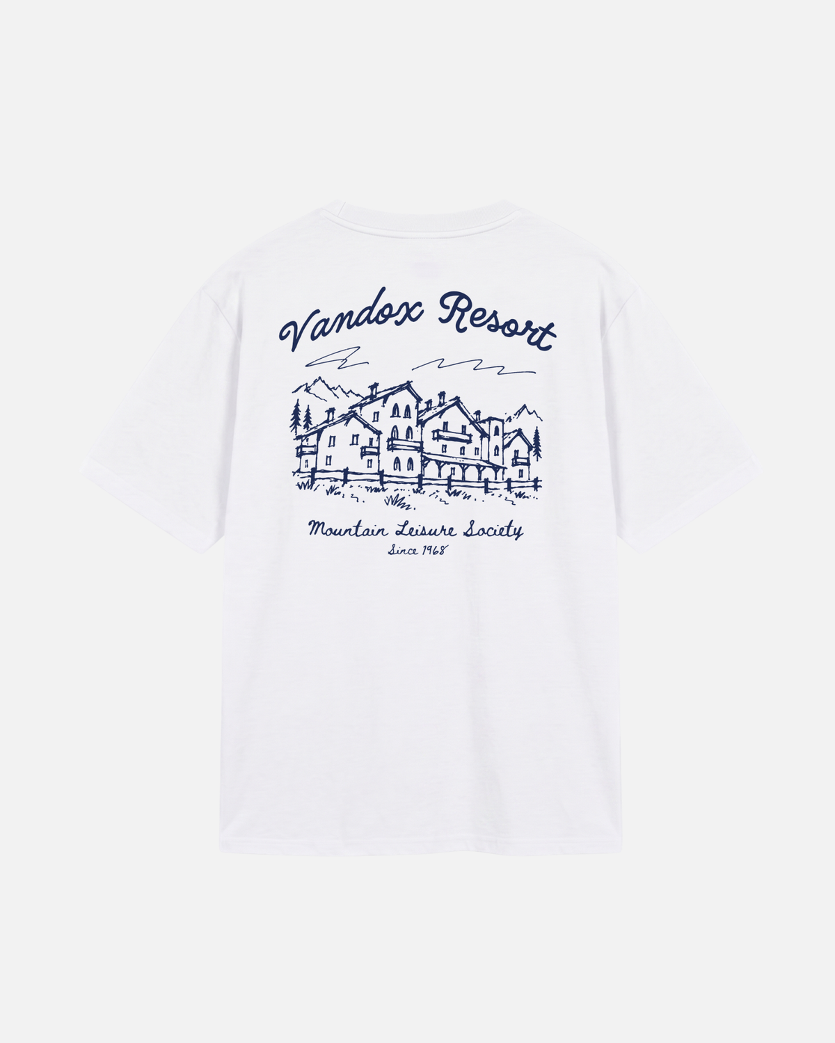White offwhite eggshell white Vandox Resort t-shirt back view with hand-drawn alpine resort hotel sketch and Vandox Resort Mountain Leisure Society Since 1968 text. Starboy old money shirt tshirt clothes vandox sacrevandox vandox clothes vandox clothing