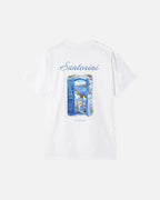 White Vandox Santorini Tee back view – white premium cotton t-shirt featuring Santorini watercolour doorway and Aegean view graphic by Sacre Vandox, Postcards collection. Starboy old money shirt tshirt clothes vandox sacrevandox vandox clothes vandox clothing