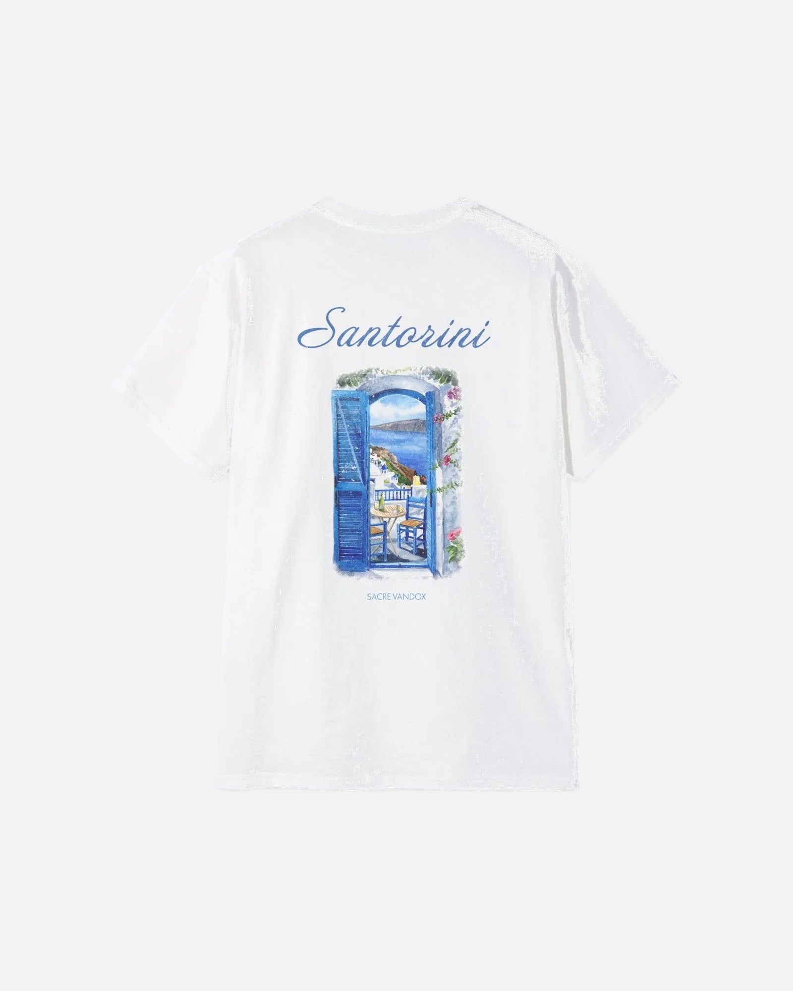 White Vandox Santorini Tee back view – white premium cotton t-shirt featuring Santorini watercolour doorway and Aegean view graphic by Sacre Vandox, Postcards collection. Starboy old money shirt tshirt clothes vandox sacrevandox vandox clothes vandox clothing