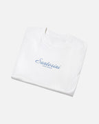 White Vandox Santorini Tee folded view – white premium cotton t-shirt with Santorini script and Sacre Vandox lettering, Postcards collection. Starboy old money shirt tshirt clothes vandox sacrevandox vandox clothes vandox clothing