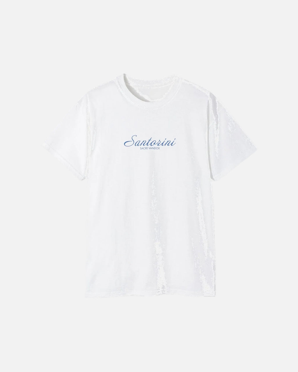 White Vandox Santorini Tee front view – white premium cotton t-shirt with Santorini script and Sacre Vandox lettering, Postcards collection. Starboy old money shirt tshirt clothes vandox sacrevandox vandox clothes vandox clothing