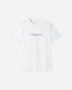 White Vandox Santorini Tee front view – white premium cotton t-shirt with Santorini script and Sacre Vandox lettering, Postcards collection. Starboy old money shirt tshirt clothes vandox sacrevandox vandox clothes vandox clothing