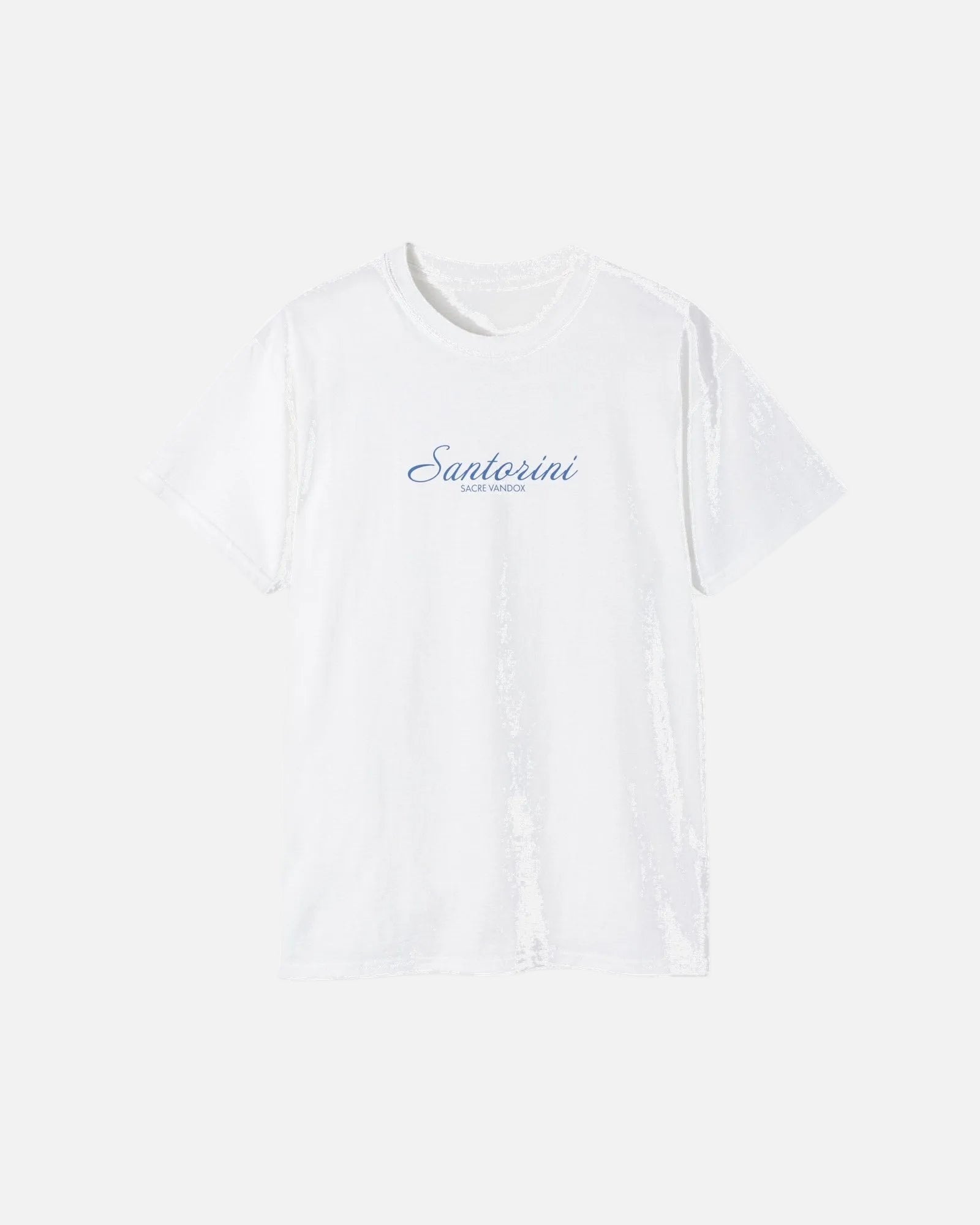 White Vandox Santorini Tee front view – white premium cotton t-shirt with Santorini script and Sacre Vandox lettering, Postcards collection. Starboy old money shirt tshirt clothes vandox sacrevandox vandox clothes vandox clothing
