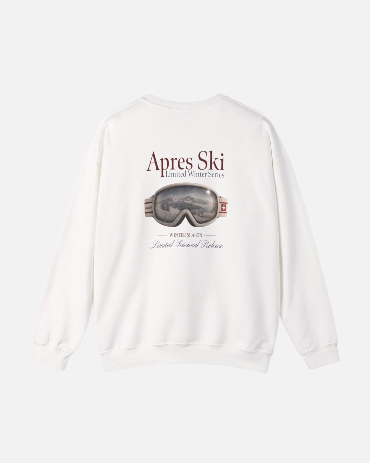 White eggshell white offwhite Vandox Snow Lens crewneck sweatshirt back view with photorealistic ski goggle graphic showing alpine mountain reflection and Apres Ski Limited Winter Series text. Starboy old money hoodie sweatshirt clothes vandox sacrevandox vandox clothes vandox clothing crewneck autumn clothes no hood fall clothes 