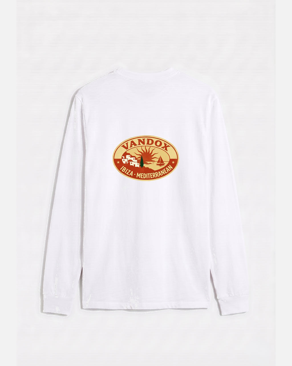 Eggshell white vandox sol de ibiza longsleeve long sleeve t-shirt back view with vintage oval Vandox Ibiza Mediterranean stamp graphic. Starboy old money hoodie sweatshirt longsleeve long sleeve clothes vandox sacrevandox vandox clothes vandox clothing