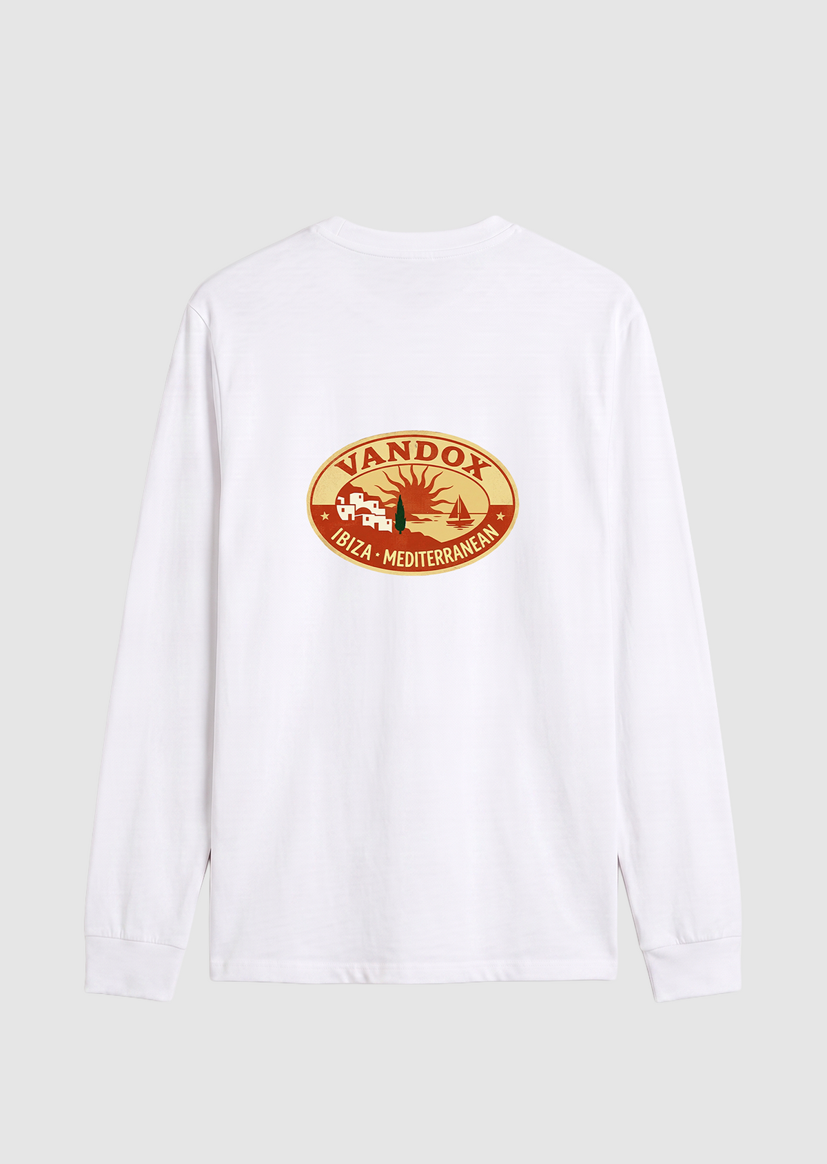 Eggshell white vandox sol de ibiza longsleeve long sleeve t-shirt back view with vintage oval Vandox Ibiza Mediterranean stamp graphic. Starboy old money hoodie sweatshirt longsleeve long sleeve clothes vandox sacrevandox vandox clothes vandox clothing
