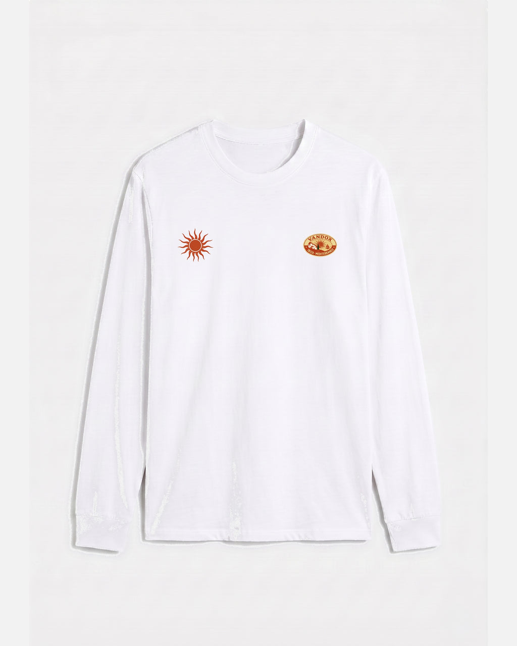 Eggshell White Vandox Sol de Ibiza longsleeve long sleeve t-shirt with red sun emblem and Vandox Ibiza oval chest graphics. Starboy old money hoodie sweatshirt longsleeve long sleeve clothes vandox sacrevandox vandox clothes vandox clothing