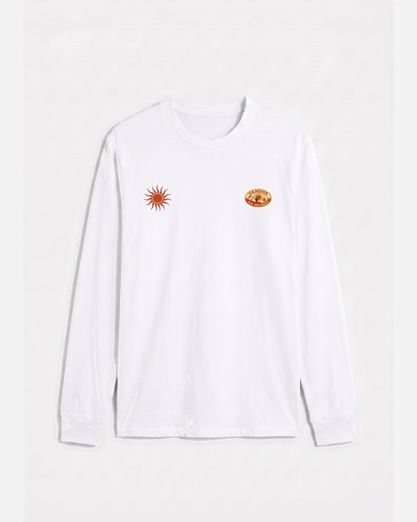 Eggshell White Vandox Sol de Ibiza longsleeve long sleeve t-shirt with red sun emblem and Vandox Ibiza oval chest graphics. Starboy old money hoodie sweatshirt longsleeve long sleeve clothes vandox sacrevandox vandox clothes vandox clothing