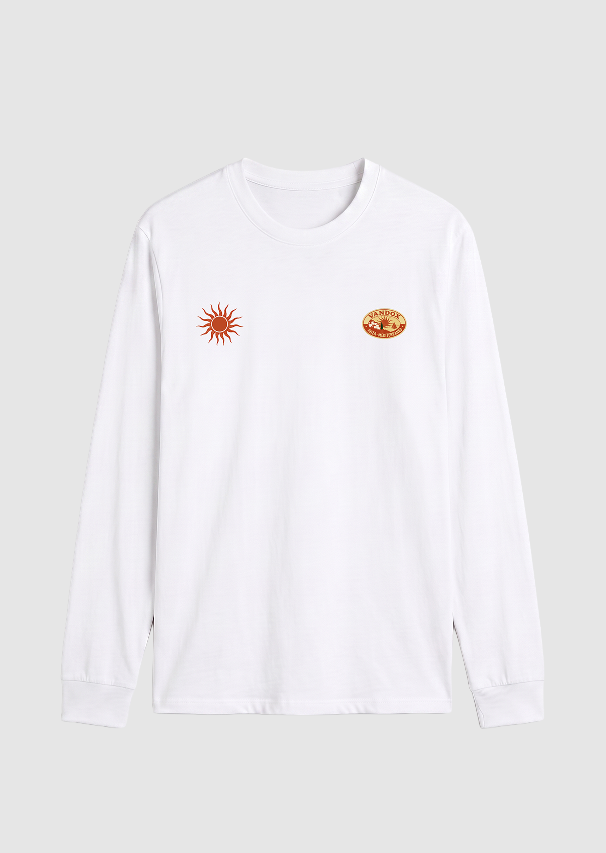 Eggshell White Vandox Sol de Ibiza longsleeve long sleeve t-shirt with red sun emblem and Vandox Ibiza oval chest graphics. Starboy old money hoodie sweatshirt longsleeve long sleeve clothes vandox sacrevandox vandox clothes vandox clothing