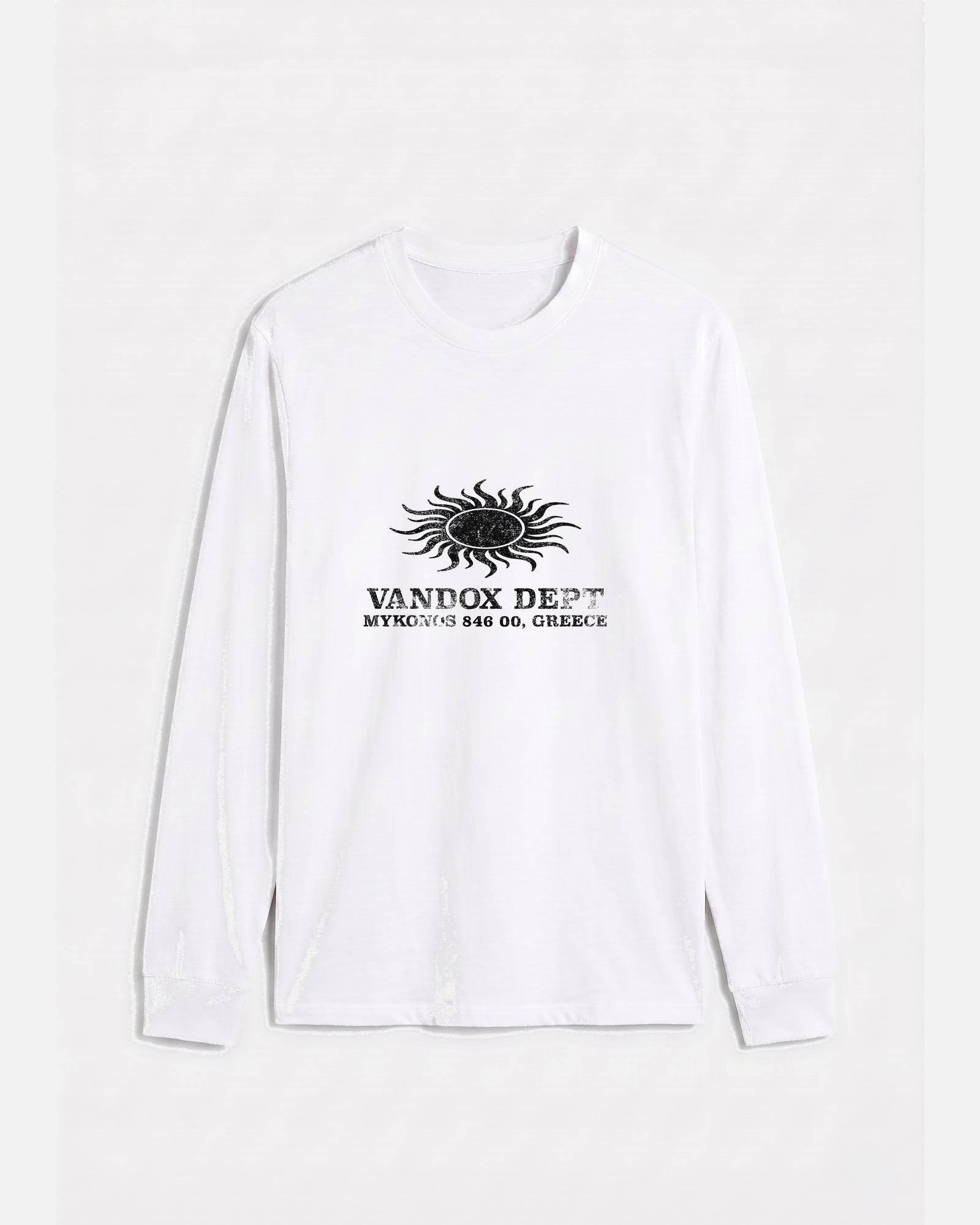 White Vandox Sun Dept long sleeve longsleeve t-shirt with distressed sun graphic and Vandox Dept Mykonos 846 00 Greece text. Starboy old money hoodie sweatshirt t-shirt long sleeve longsleeve clothes vandox sacrevandox vandox clothes vandox clothing