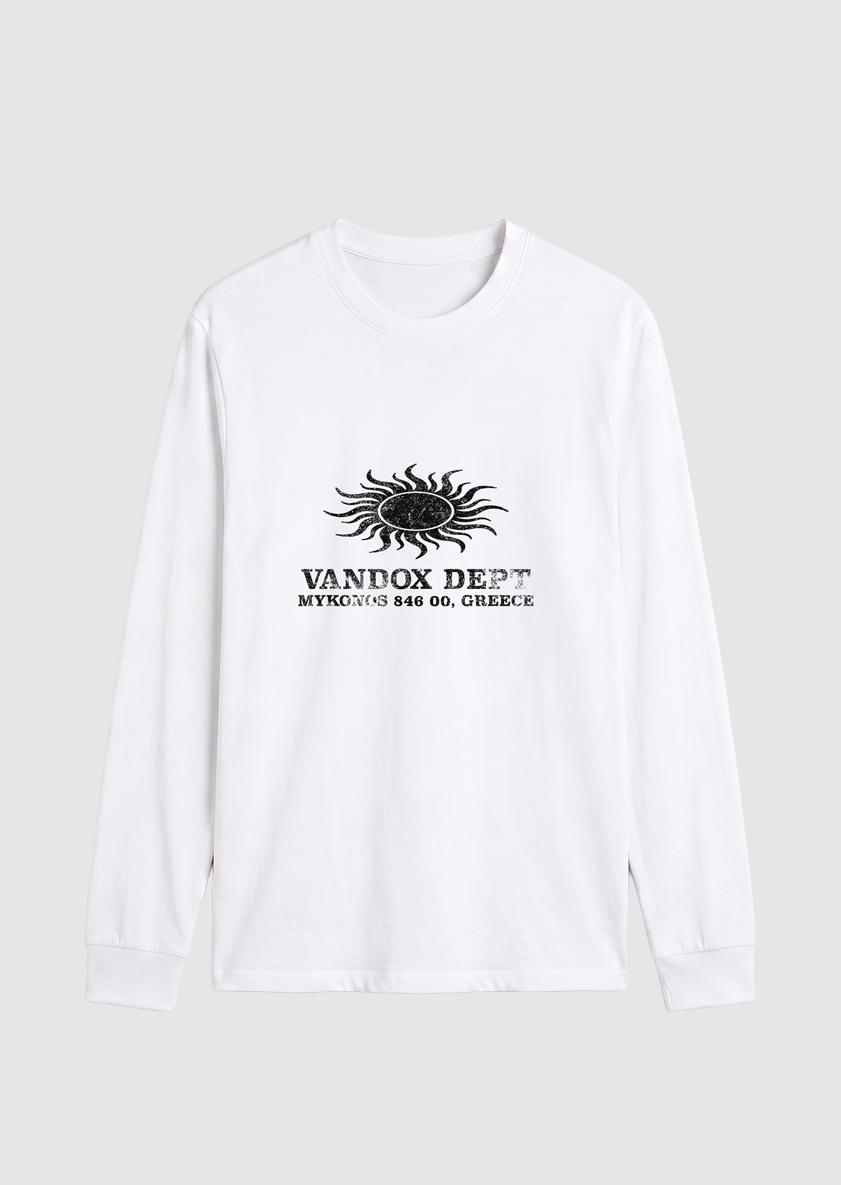 White Vandox Sun Dept long sleeve longsleeve t-shirt with distressed sun graphic and Vandox Dept Mykonos 846 00 Greece text. Starboy old money hoodie sweatshirt t-shirt long sleeve longsleeve clothes vandox sacrevandox vandox clothes vandox clothing