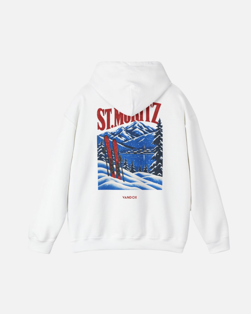 White Vandox Winter Address hoodie back view with vintage St. Moritz alpine poster graphic featuring red skis lake and mountain scene. Starboy old money hoodie sweatshirt clothes vandox sacrevandox vandox clothes vandox clothing