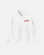 White Vandox Winter Address hoodie front view with MMXXVI St. Moritz Vandox red chest logo. Starboy old money hoodie sweatshirt clothes vandox sacrevandox vandox clothes vandox clothing