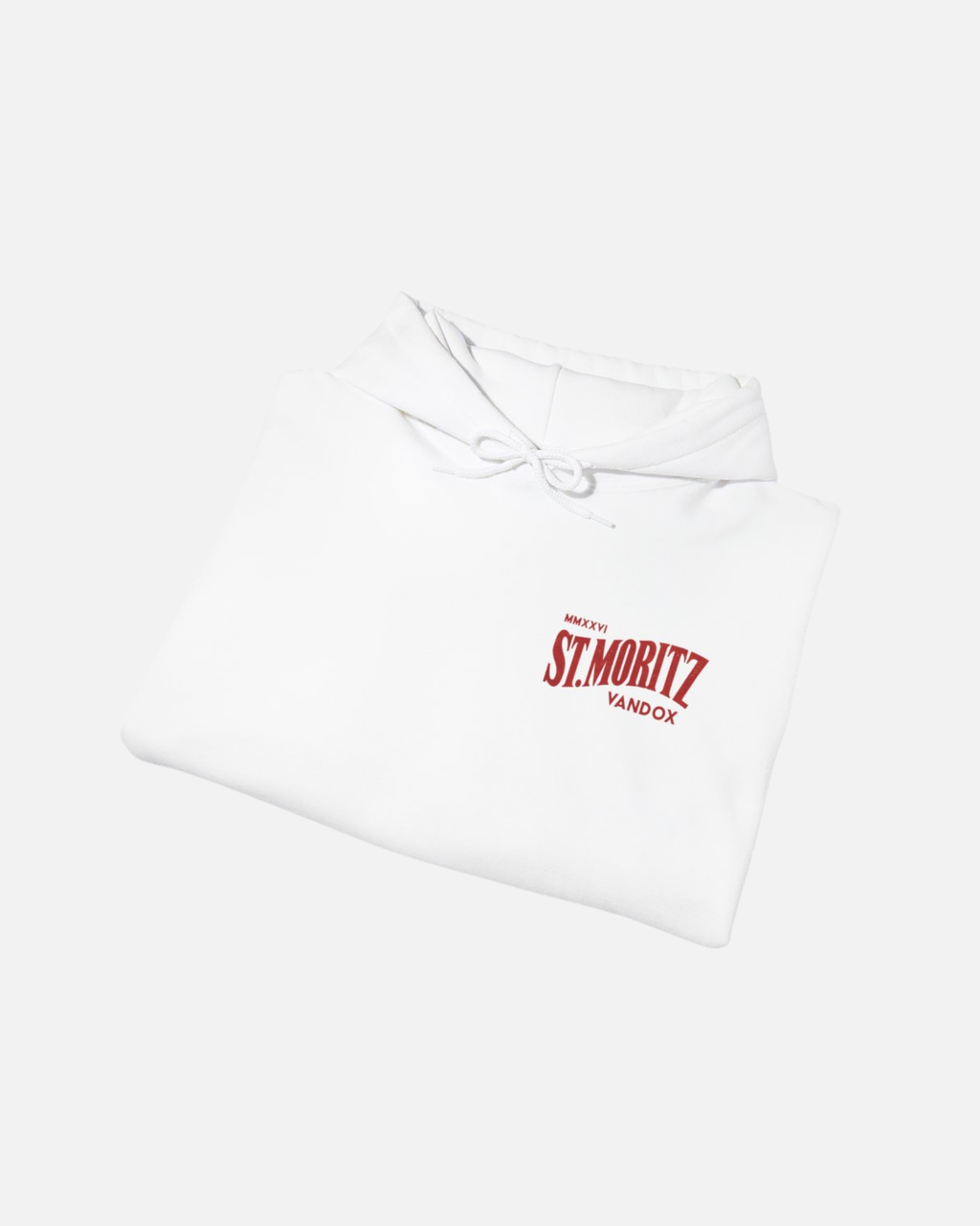 White Vandox Winter Address hoodie front folded view with MMXXVI St. Moritz Vandox red chest logo. Starboy old money hoodie sweatshirt clothes vandox sacrevandox vandox clothes vandox clothing