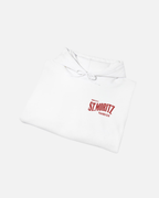 White Vandox Winter Address hoodie front folded view with MMXXVI St. Moritz Vandox red chest logo. Starboy old money hoodie sweatshirt clothes vandox sacrevandox vandox clothes vandox clothing