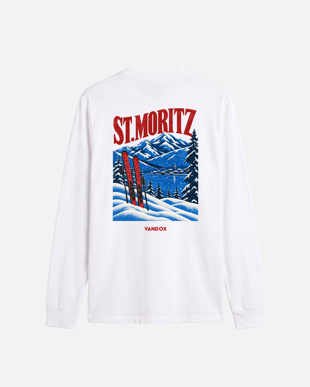 White offwhite eggshell white vandox winter address long sleeve t-shirt back view with vintage St. Moritz alpine poster graphic featuring red skis lake and mountain scene. Starboy old money shirt tshirt longsleeve crewneck clothes vandox sacrevandox vandox clothes vandox clothing