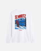 White offwhite eggshell white vandox winter address long sleeve t-shirt back view with vintage St. Moritz alpine poster graphic featuring red skis lake and mountain scene. Starboy old money shirt tshirt longsleeve crewneck clothes vandox sacrevandox vandox clothes vandox clothing