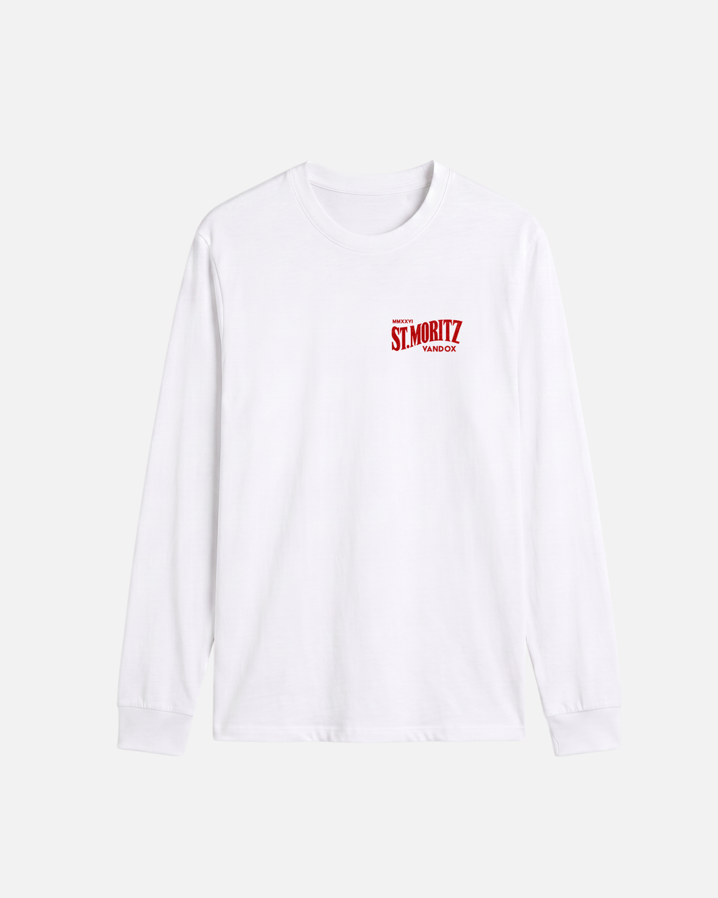 White offwhite eggshell white Vandox winter address long sleeve t-shirt front view with MMXXVI St. Moritz Vandox red chest logo. Starboy old money shirt tshirt longsleeve crewneck clothes vandox sacrevandox vandox clothes vandox clothing