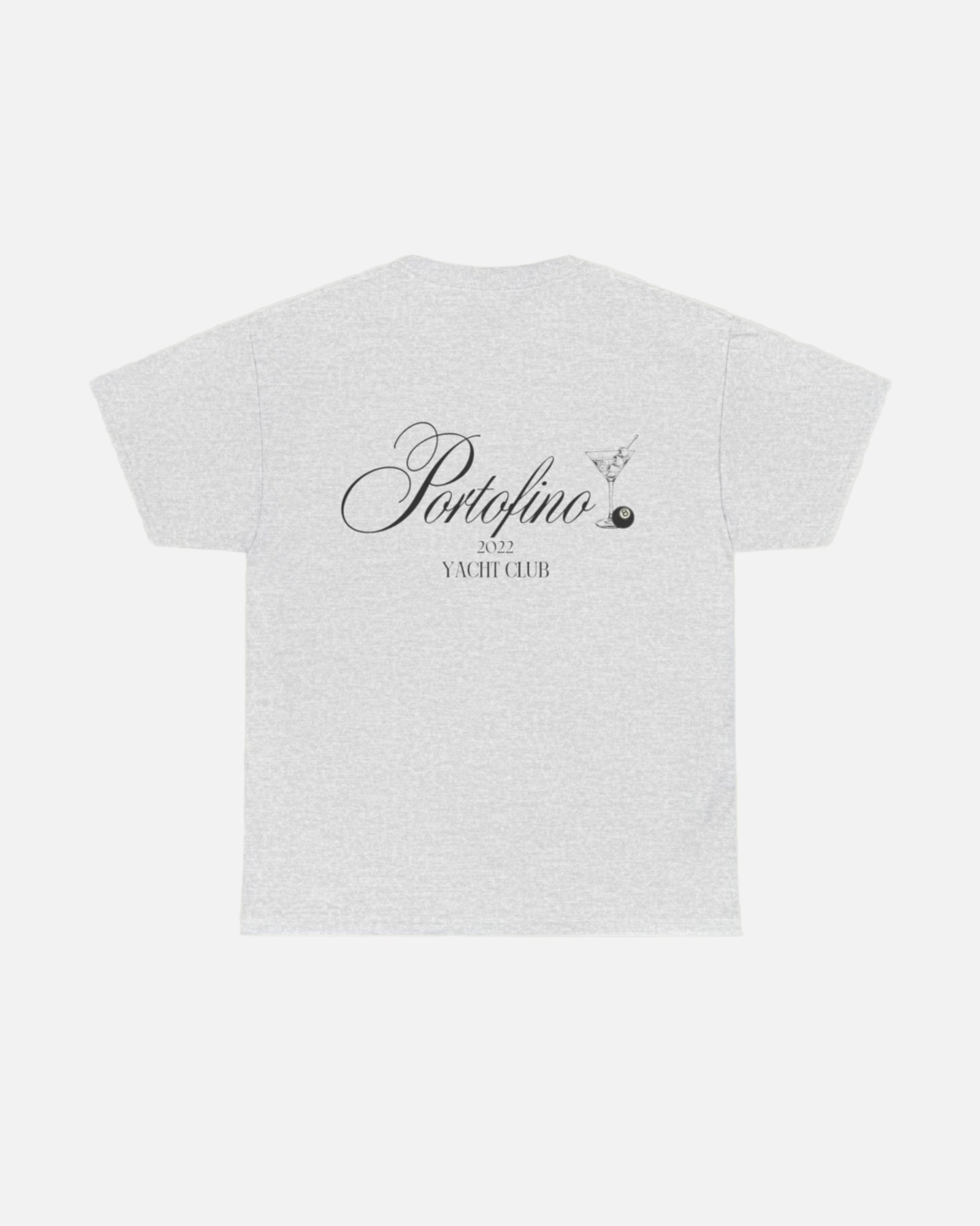 Grey ash sport grey T-shirt with "Portofino 2022 Yacht Club" in elegant script and a martini glass graphic, offering a stylish, nautical-inspired design. Starboy old money shirt tshirt clothes vandox sacrevandox vandox clothes vandox clothing