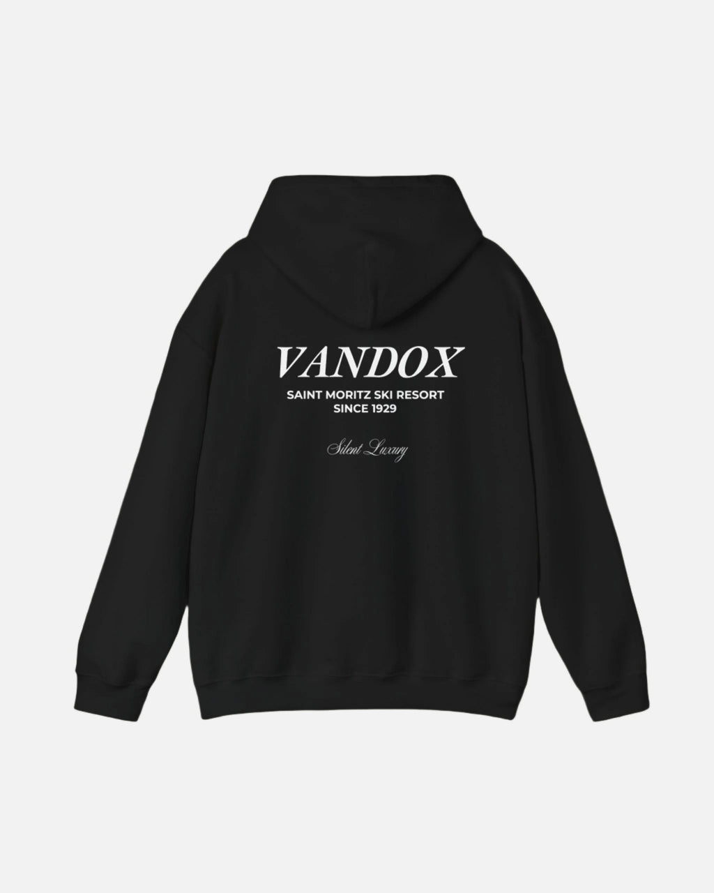 Black Vandox Hoodie with front text "ST. MORITZ SKI RESORT" and VANDOX saint moritz ski resort since 1929  silent luxury text on the back. Saint Moritz St. Moritz Monaco Ski resort skiing clothes winter clothing Starboy old money hoodie sweatshirt clothes vandox sacrevandox vandox clothes vandox clothing
