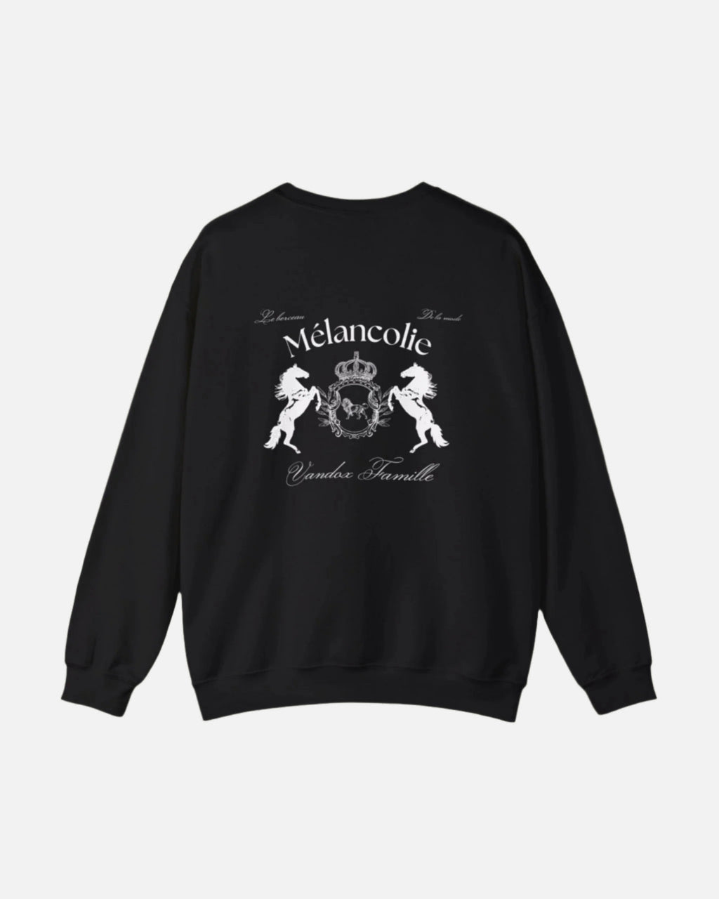 Black Vandox Hoodie with regal crest, two horses, and "Mélancolie" and "Vandox Famille" text on the back. Starboy old money hoodie sweatshirt clothes vandox sacrevandox vandox clothes vandox clothing crewneck autumn clothes no hood fall clothes 
