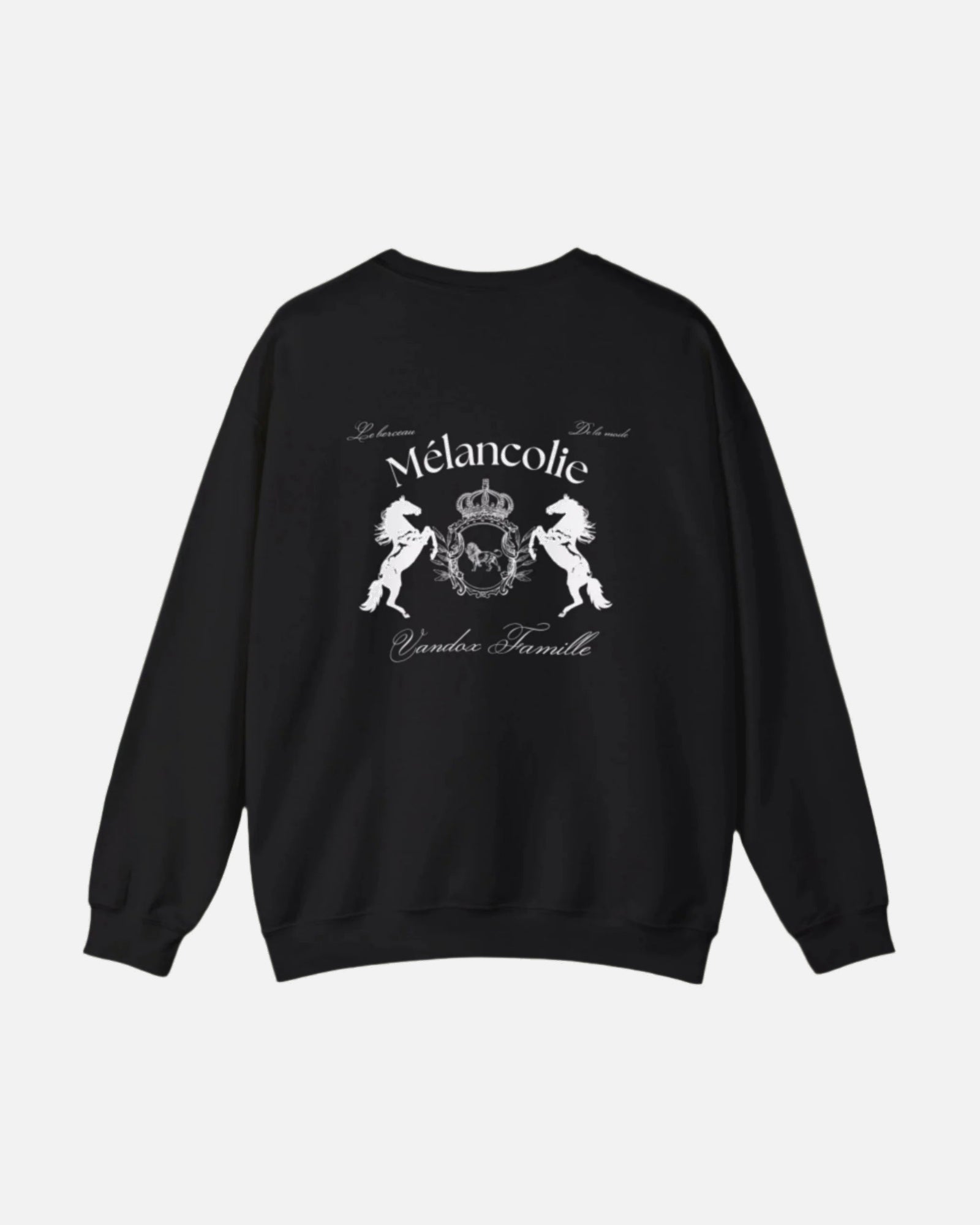 Black Vandox Hoodie with regal crest, two horses, and "Mélancolie" and "Vandox Famille" text on the back. Starboy old money hoodie sweatshirt clothes vandox sacrevandox vandox clothes vandox clothing crewneck autumn clothes no hood fall clothes 