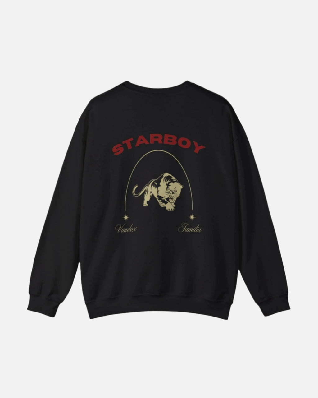 Black Vandox Crewneck with STARBOY on the back, golden lion surrounded by a majestic golden arch, and a small golden logo featuring a star, and text 'vandox familia starboy essential'. Starboy old money hoodie sweatshirt clothes vandox sacrevandox vandox clothes vandox clothing crewneck
