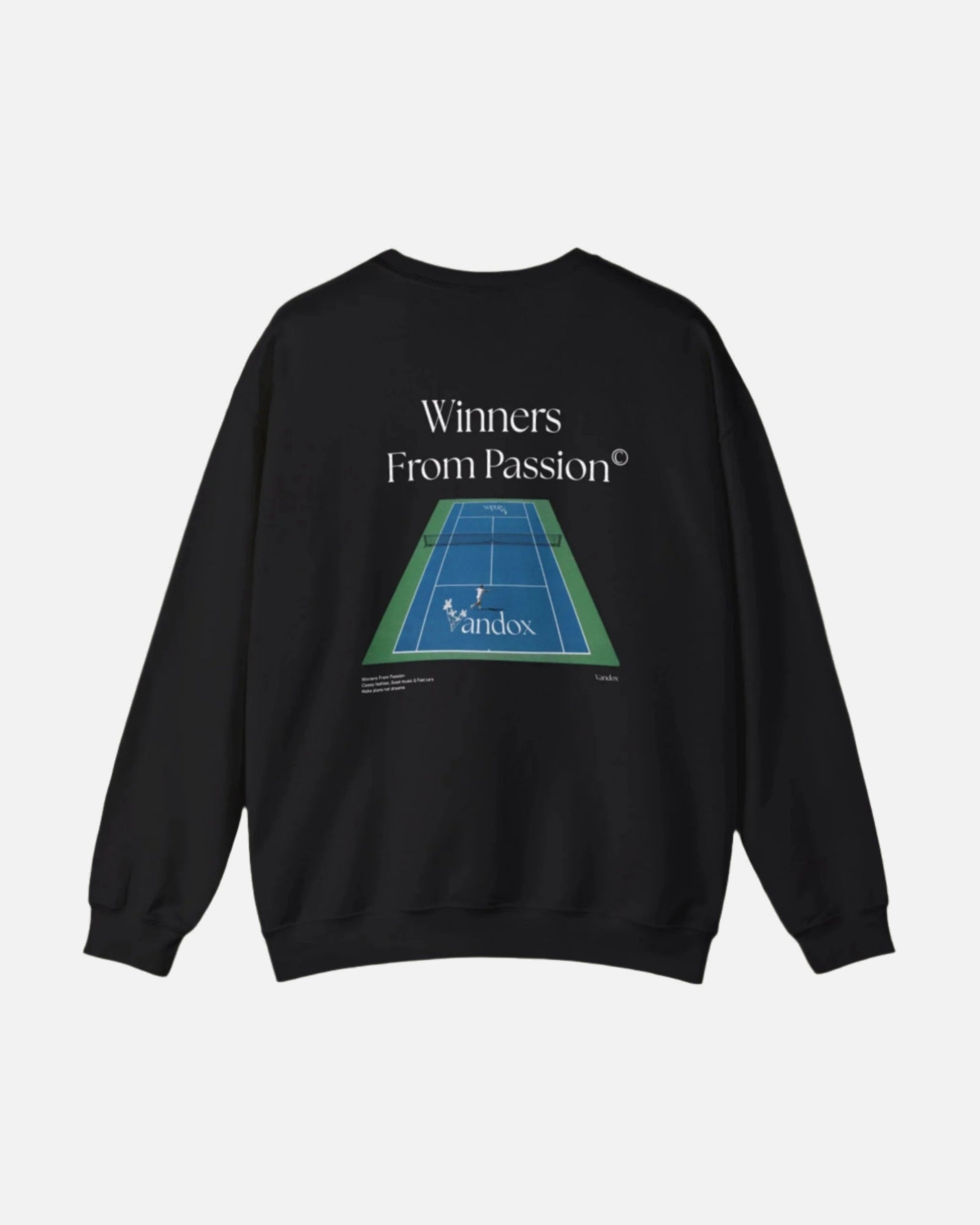 Black VANDOX Tennis Court Crewneck with VNX Vandox logo and tennis court design and "Winners From Passion" slogan. Starboy old money hoodie sweatshirt clothes vandox sacrevandox vandox clothes vandox clothing crewneck