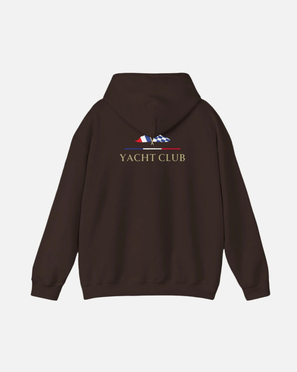 Brown dark chocolate Vandox Monaco Saint Roman Yacht Club Hoodie with international flags and anchor graphic on the front and crossed nautical flags with "Yacht Club" on the back. Starboy old money hoodie sweatshirt clothes vandox sacrevandox vandox clothes vandox clothing