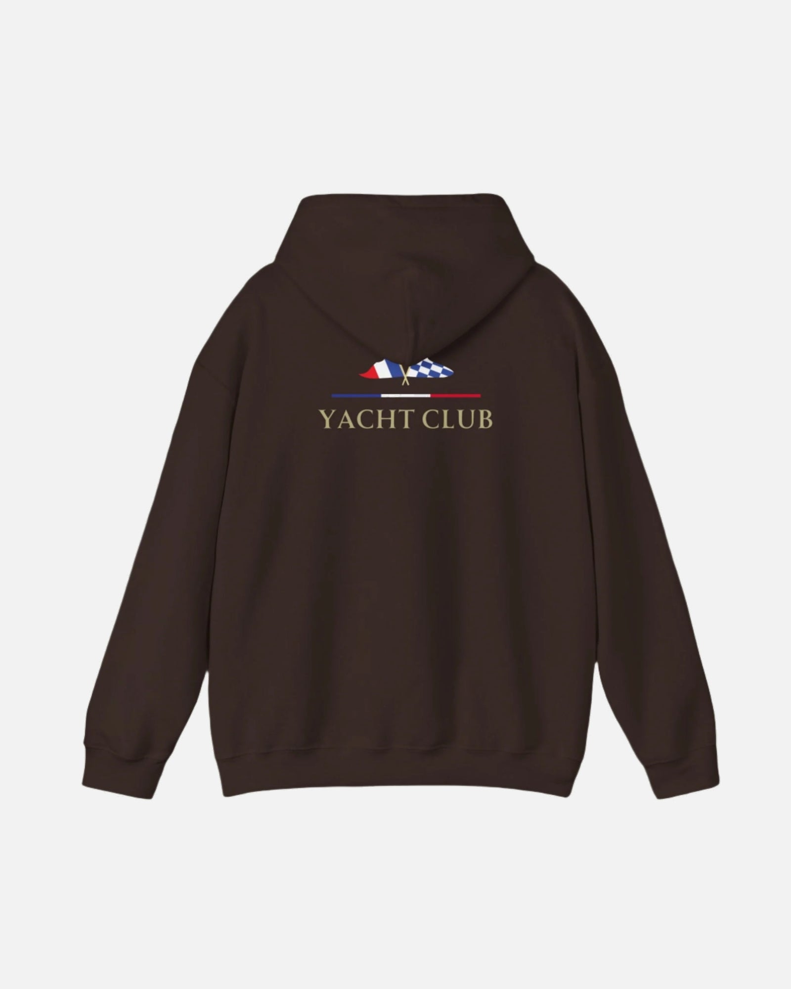 Brown dark chocolate Vandox Monaco Saint Roman Yacht Club Hoodie with international flags and anchor graphic on the front and crossed nautical flags with "Yacht Club" on the back. Starboy old money hoodie sweatshirt clothes vandox sacrevandox vandox clothes vandox clothing