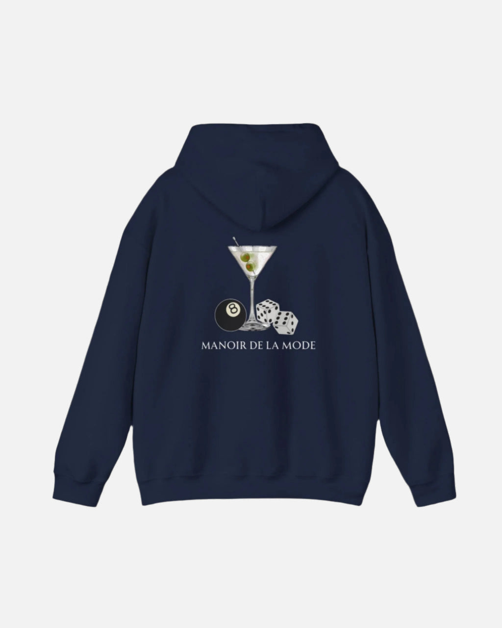 Navy Vandox Hoodie with 8 ball pool ball dices martini glass and text Manoir De La Mode French fashion text. Saint Moritz St. Moritz Monaco Ski resort skiing clothes winter clothing  Starboy old money hoodie sweatshirt clothes vandox sacrevandox vandox clothes vandox clothing