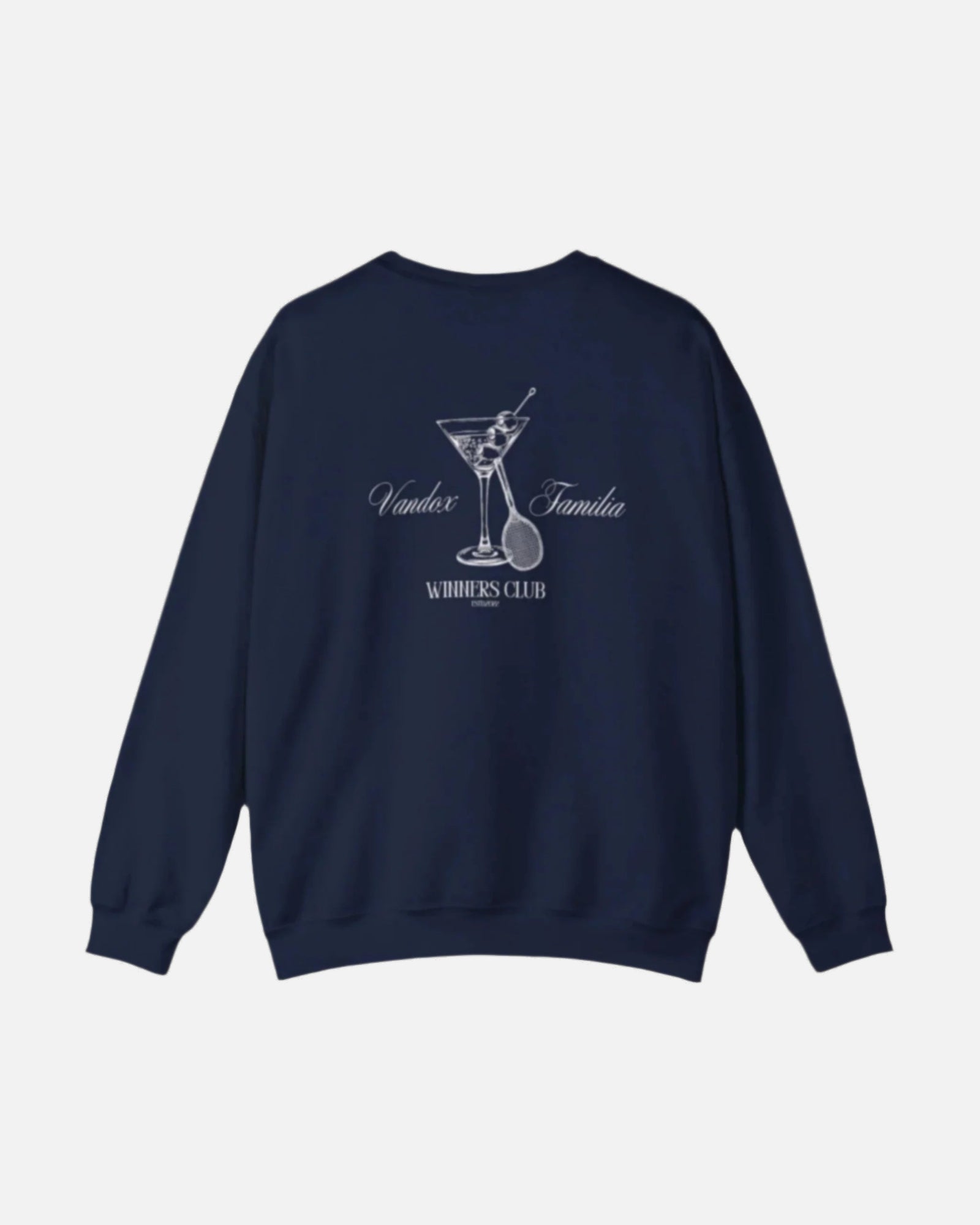 Navy dark blue Vandox Martini Crewneck featuring a detailed martini glass and "Winners Club" design on the back, perfect for stylish fall wear. Starboy old money hoodie sweatshirt clothes vandox sacrevandox vandox clothes vandox clothing crewneck