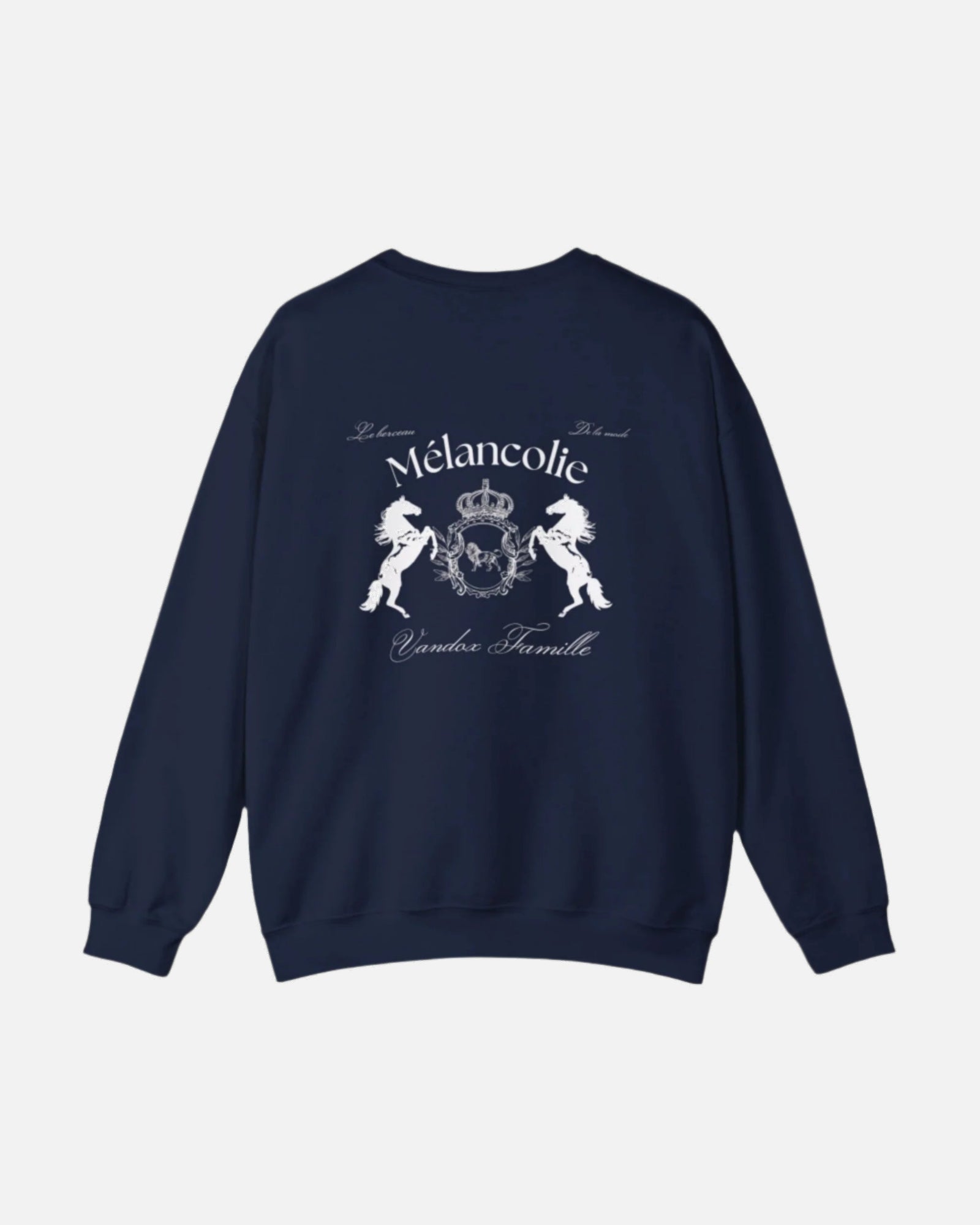 Navy Dark blue Vandox Hoodie with regal crest, two horses, and "Mélancolie" and "Vandox Famille" text on the back. Starboy old money hoodie sweatshirt clothes vandox sacrevandox vandox clothes vandox clothing crewneck autumn clothes no hood fall clothes 